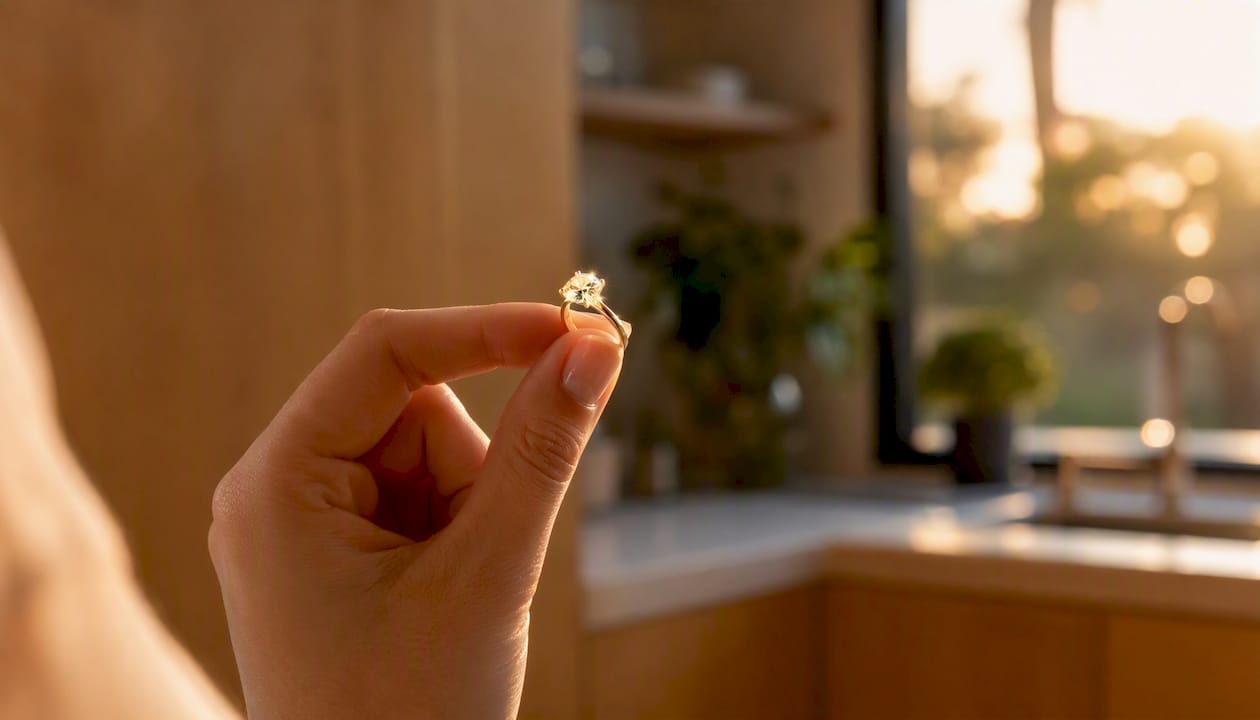 Una mano limpia cuidadosamente un anillo de diamantes bajo el chorro de agua