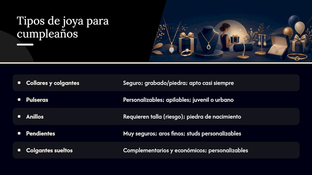 Cuadro comparativo de diferentes opciones de joyería para regalar en cumpleaños