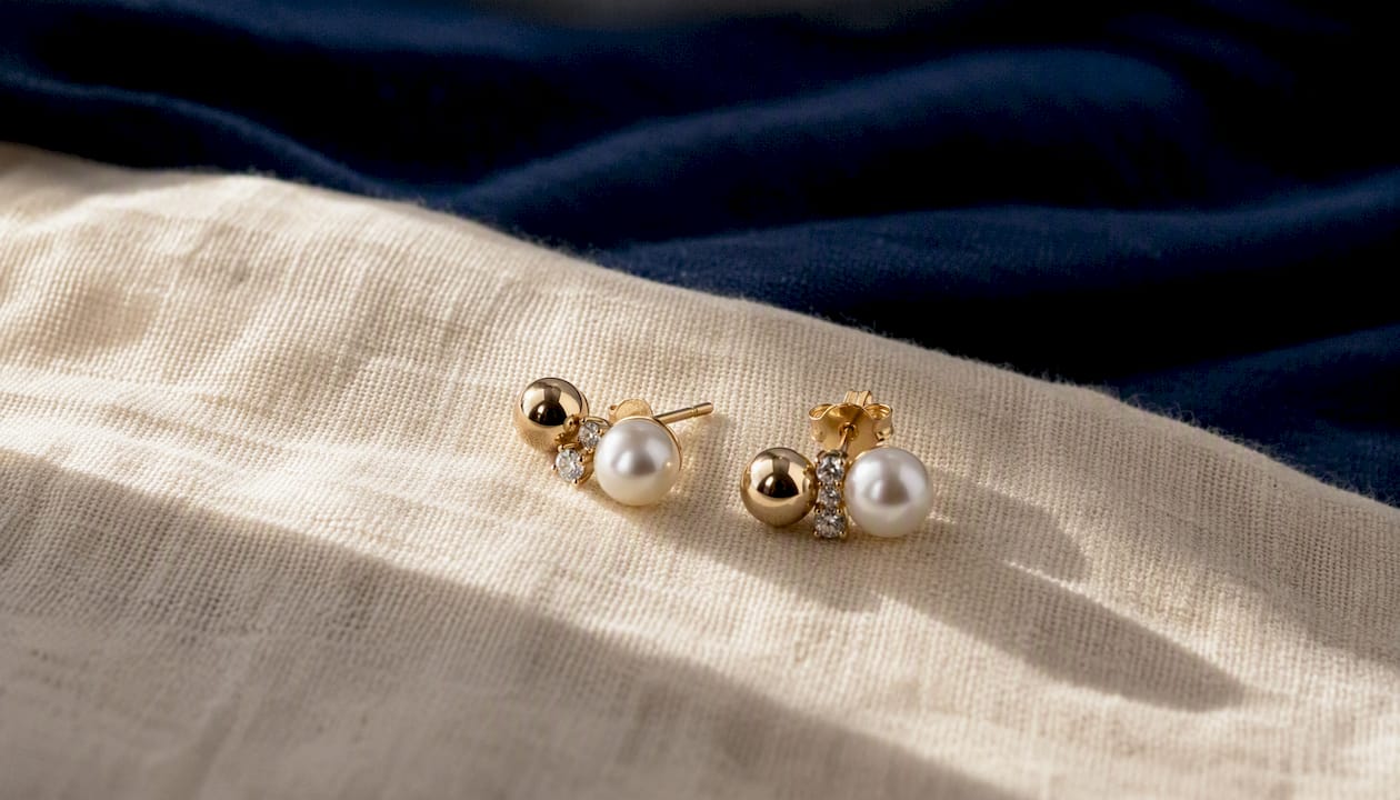 Assorted small stud earrings on fabric