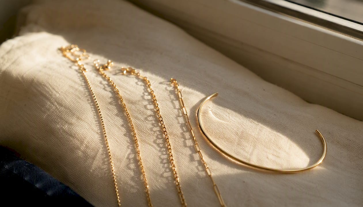 Thin gold chain bracelets and cuff detail