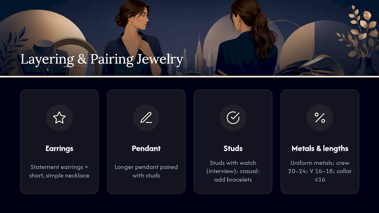 Diagram of jewelry layering principles for office outfits