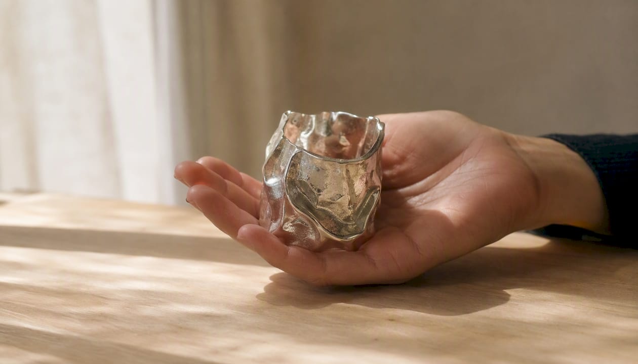 Un brazalete de plata con diseño brutalista luciendo en la mano, sobre una tela de lino.