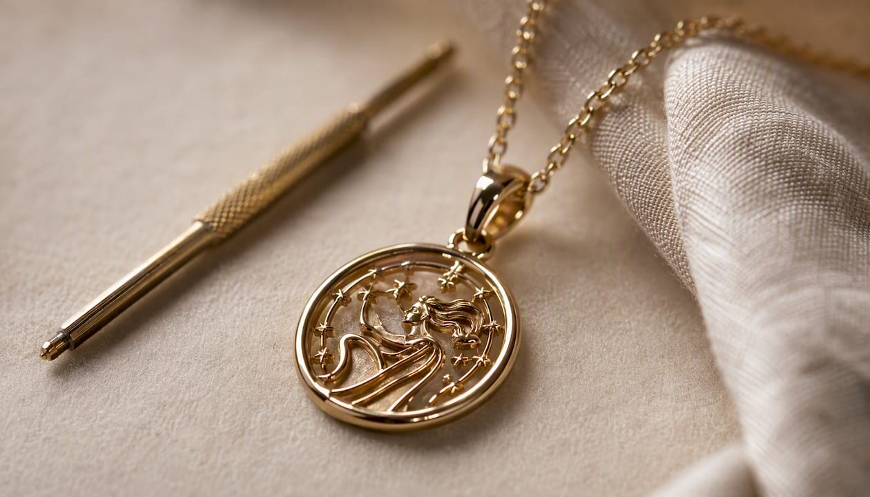 Close-up of detailed gold zodiac necklace pendant
