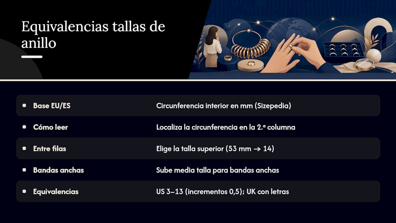 Tabla comparativa de equivalencias de tallas de anillos en la Unión Europea/España, Estados Unidos y Reino Unido