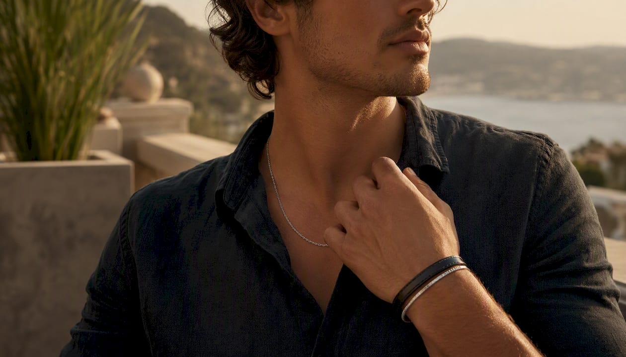 Man's wrist with leather bracelet and silver chain