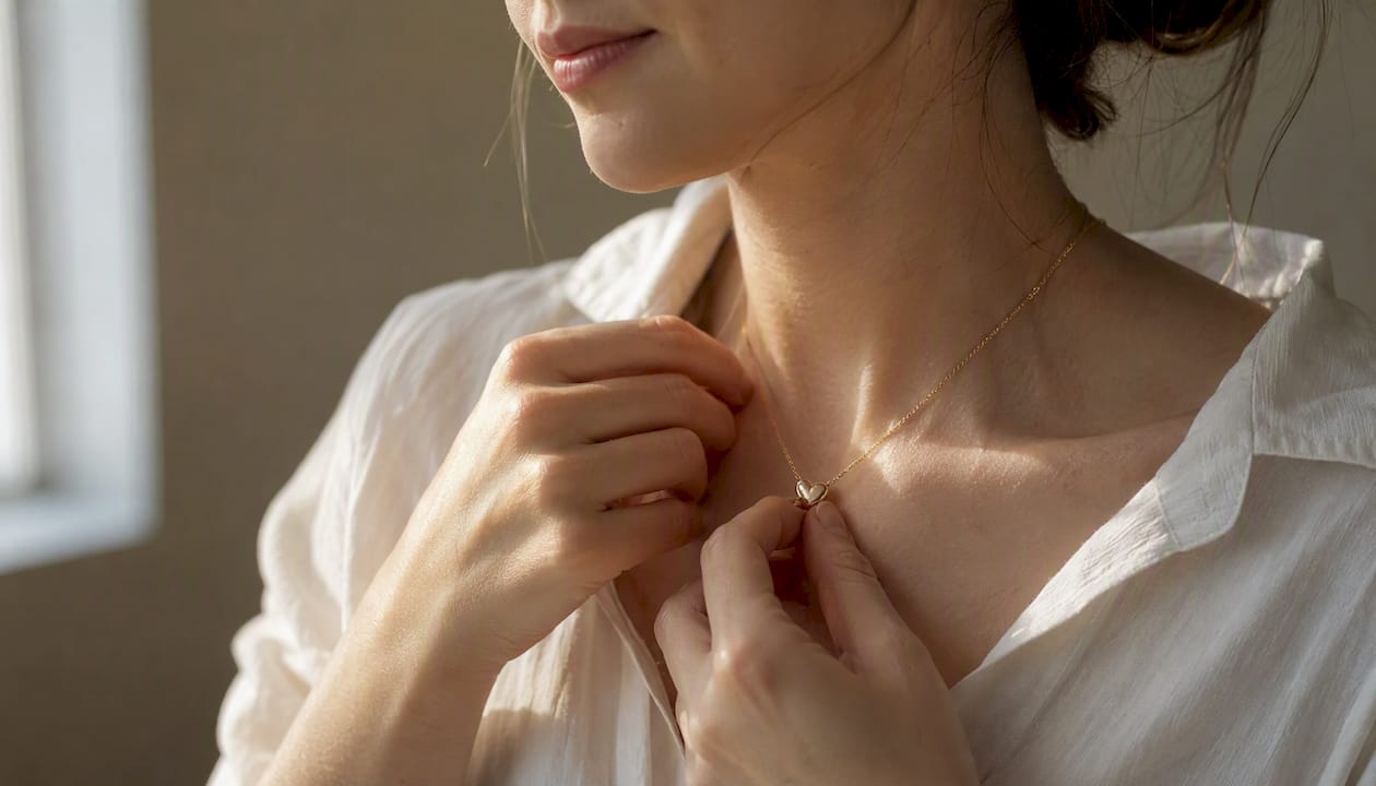 Hands holding delicate heart pendant necklace