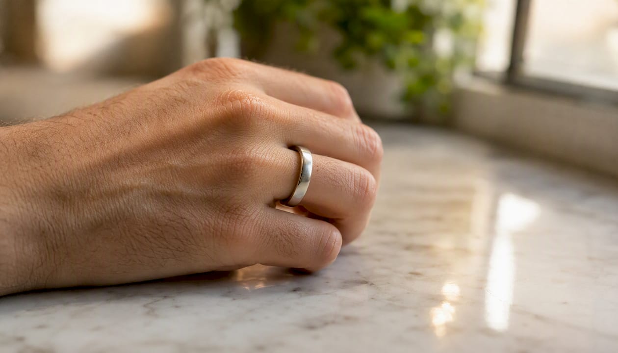 Close-up stainless steel ring on hand