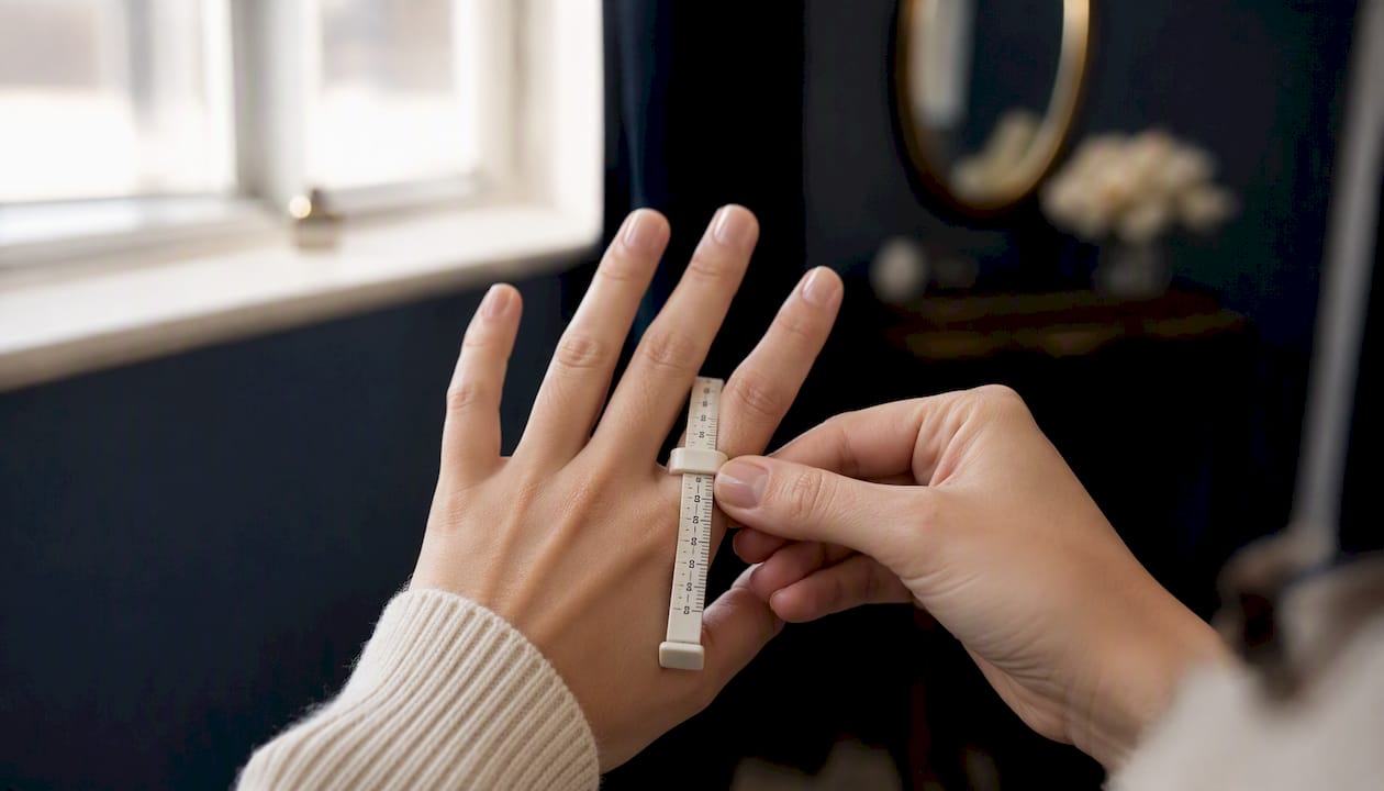 Person using adjustable plastic ring sizer on finger