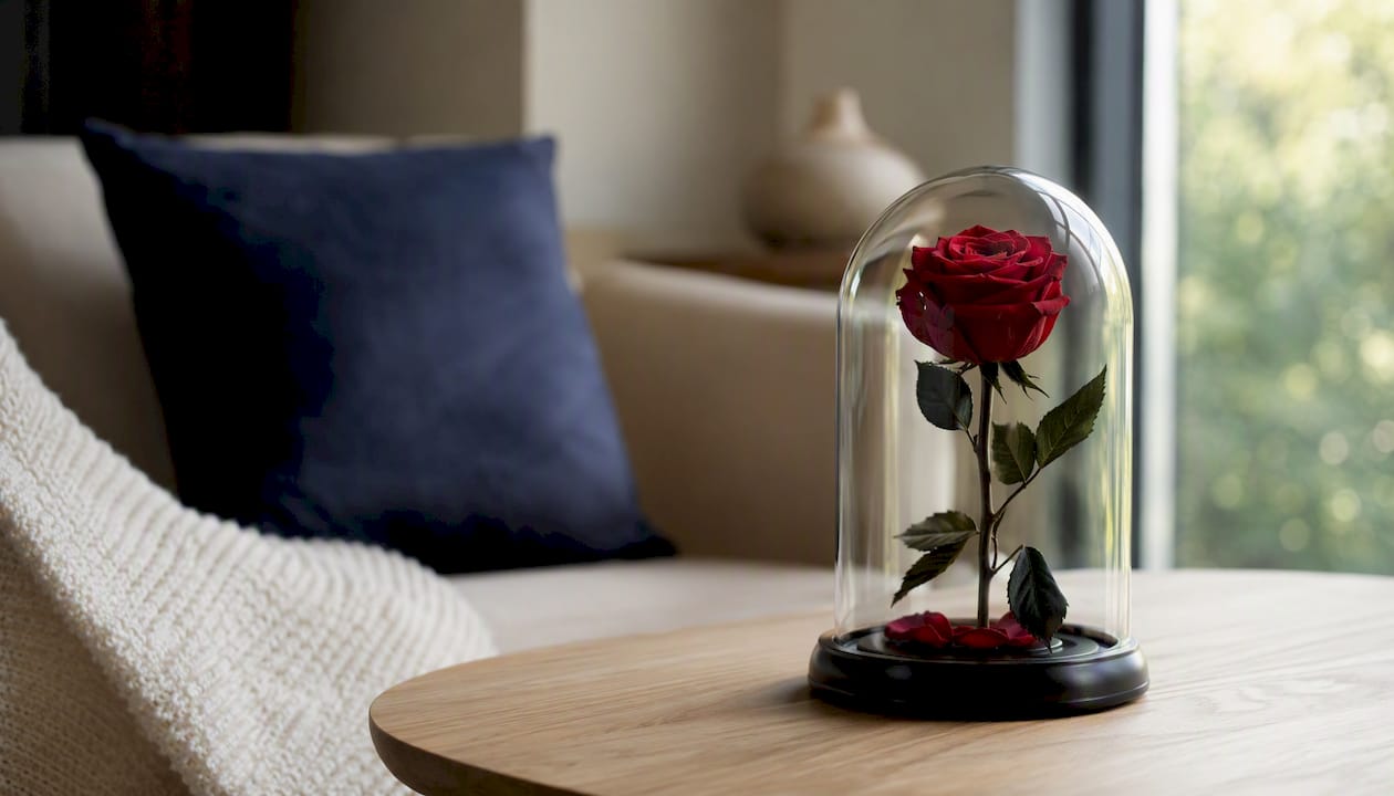 Una rosa roja preservada, protegida bajo una cúpula de cristal, adorna la mesa.