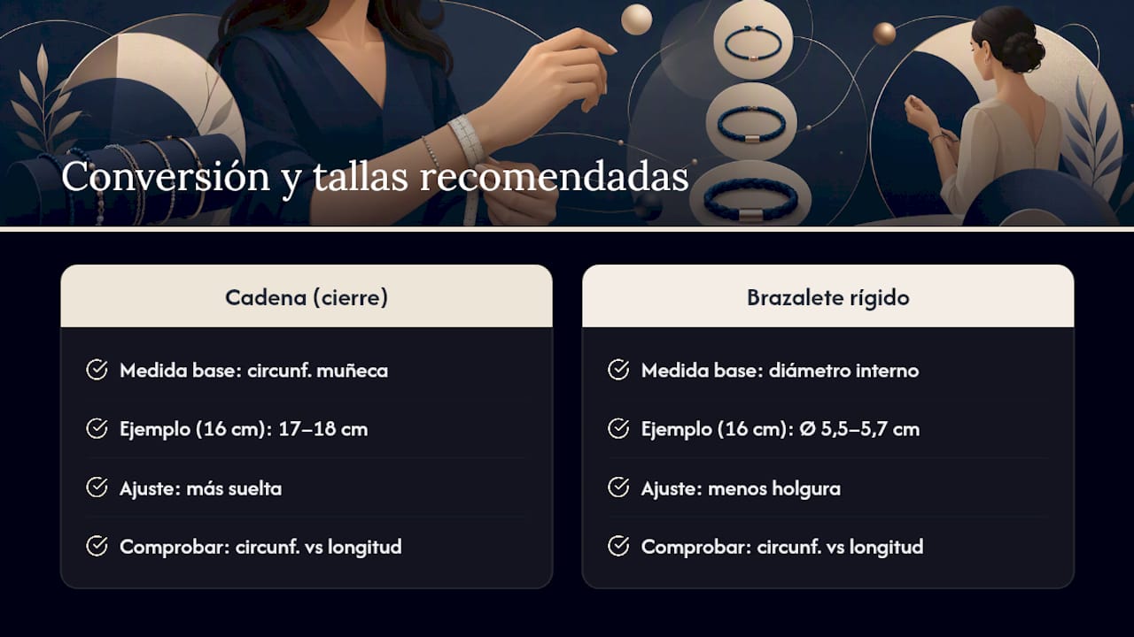 Infografía con tabla comparativa de tallas de pulseras
