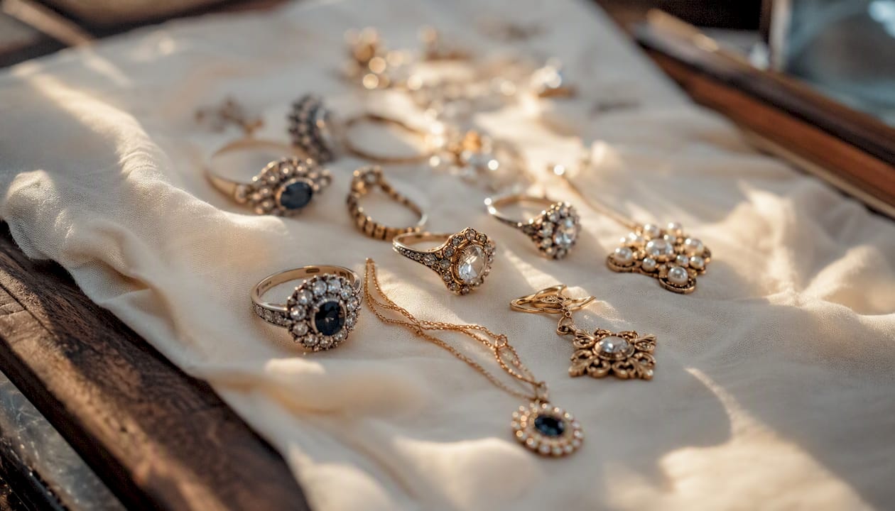 Curated vintage elegant jewelry on fabric