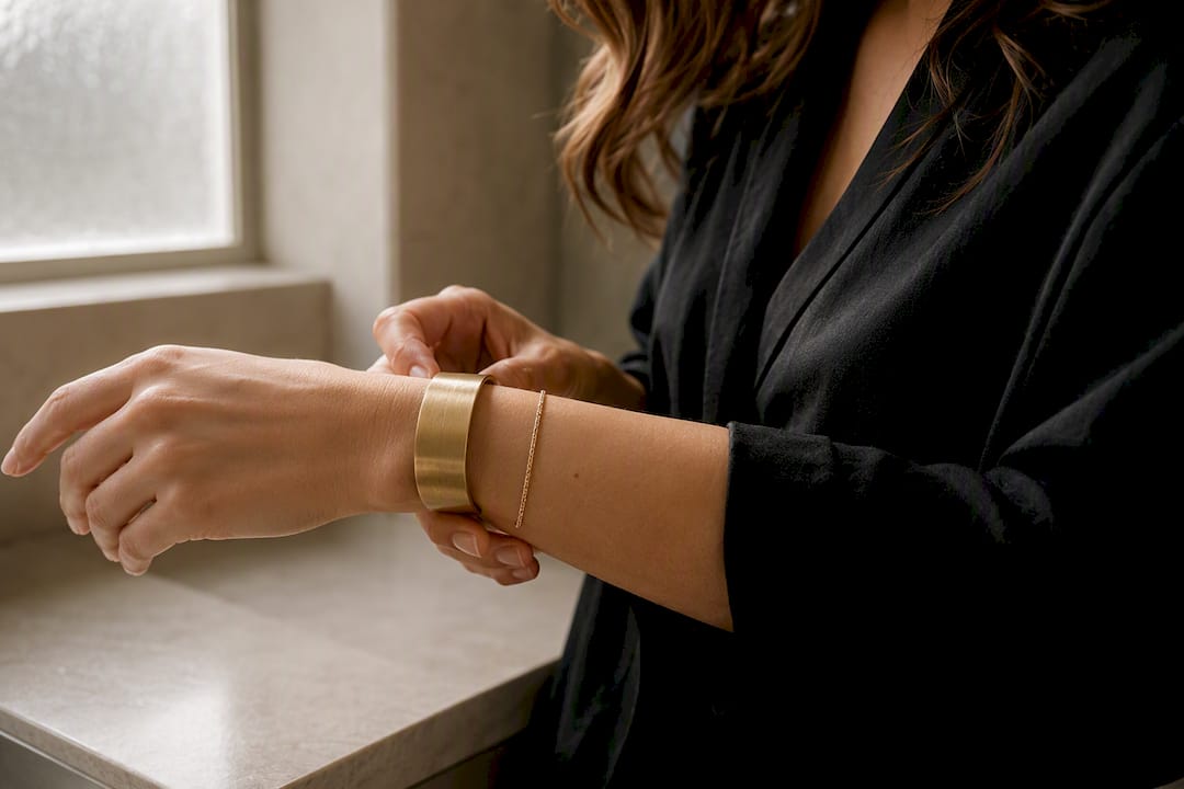 Wrist wearing chunky cuff and delicate chain necklace