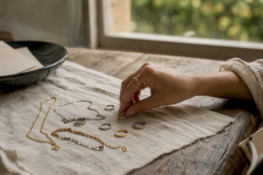Hand holding tray with mixed metal minimalist jewelry