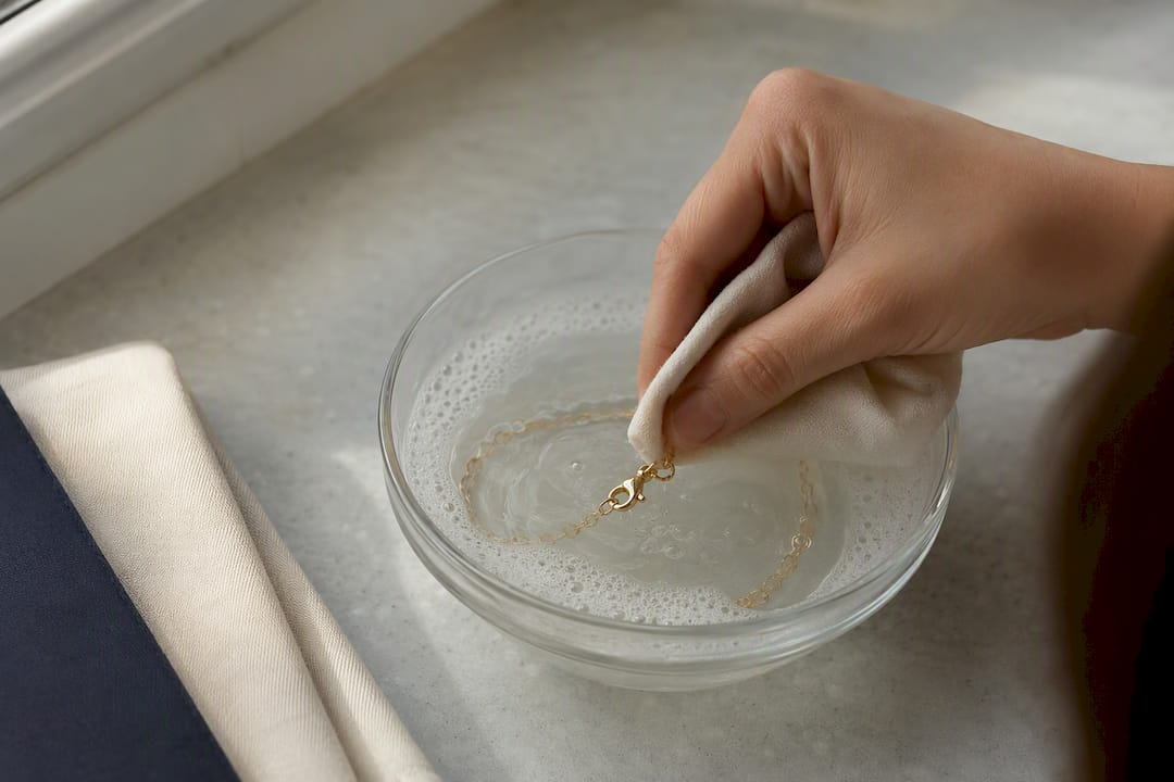 Hand cleaning vermeil necklace clasp in soapy water