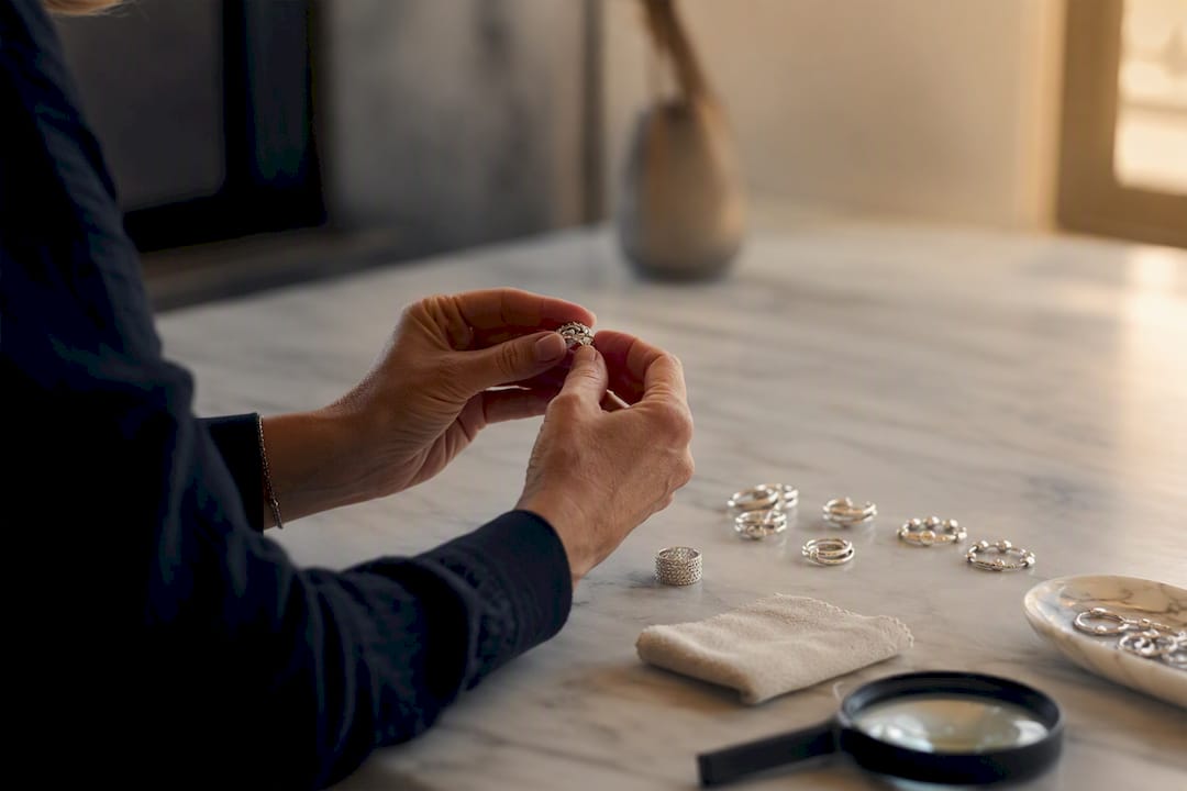 Manos revisando joyas de plata de calidad