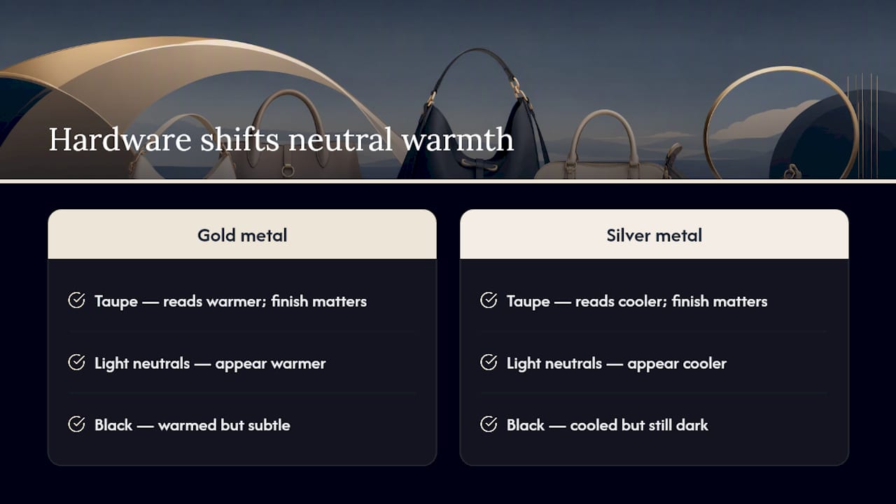 Diagram comparing gold and silver hardware on neutral bags