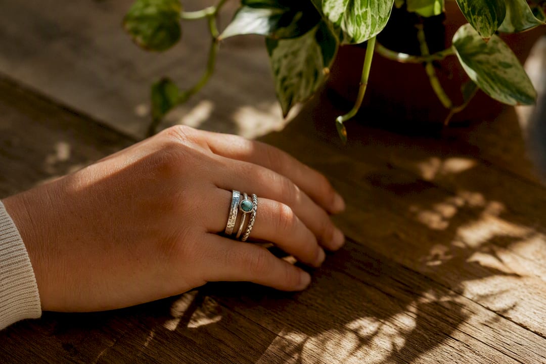 Boho style hammered, turquoise and rope rings stack