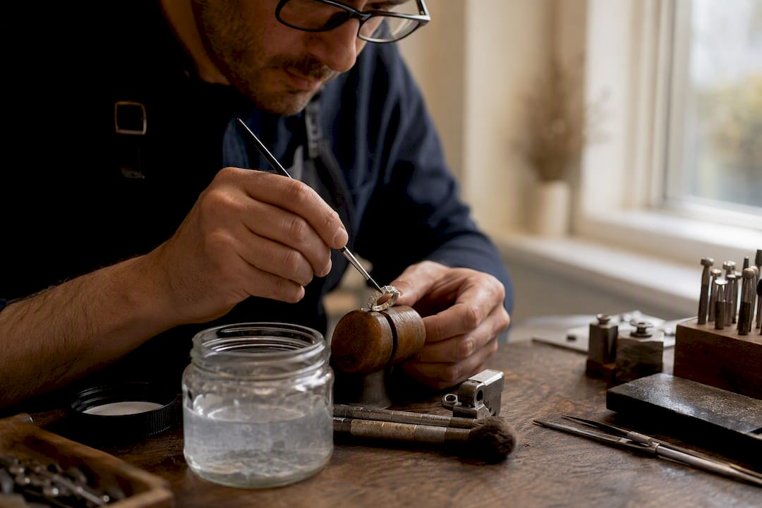 Jeweler applying rhodium plating to white gold ring
