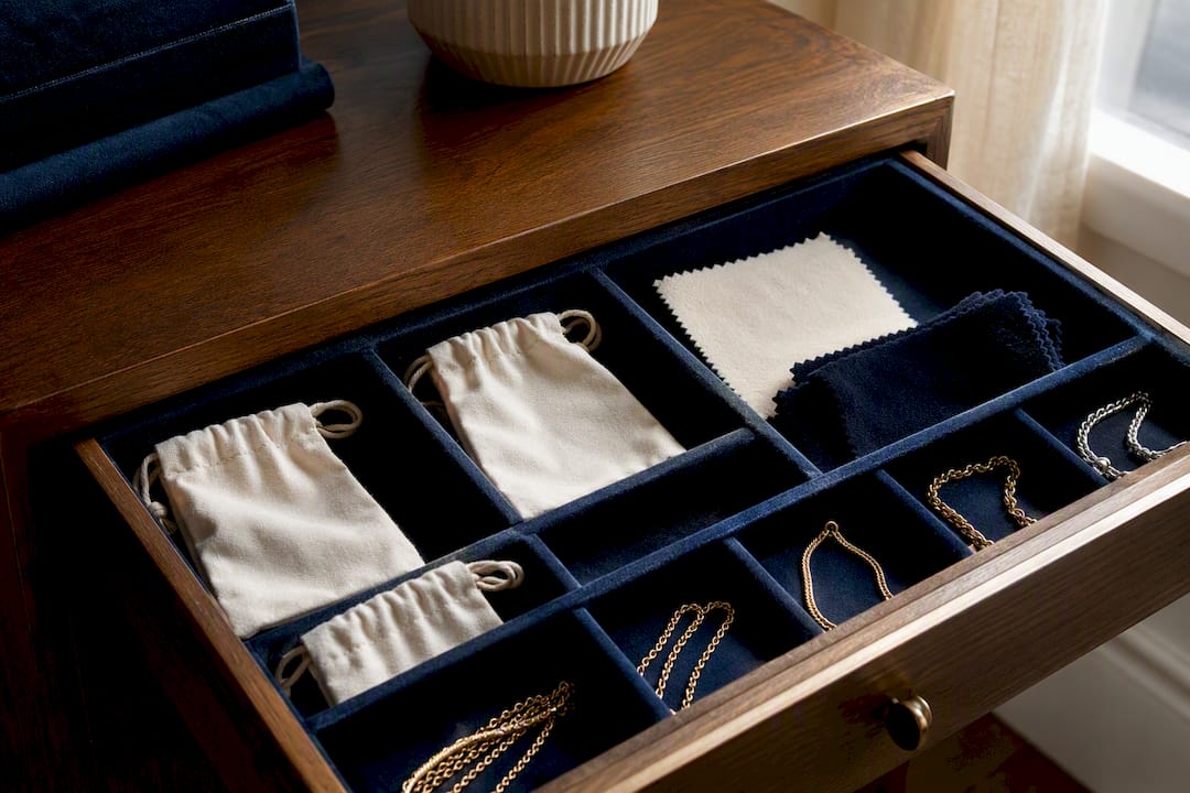 Divided drawer storing mixed metal jewelry separately