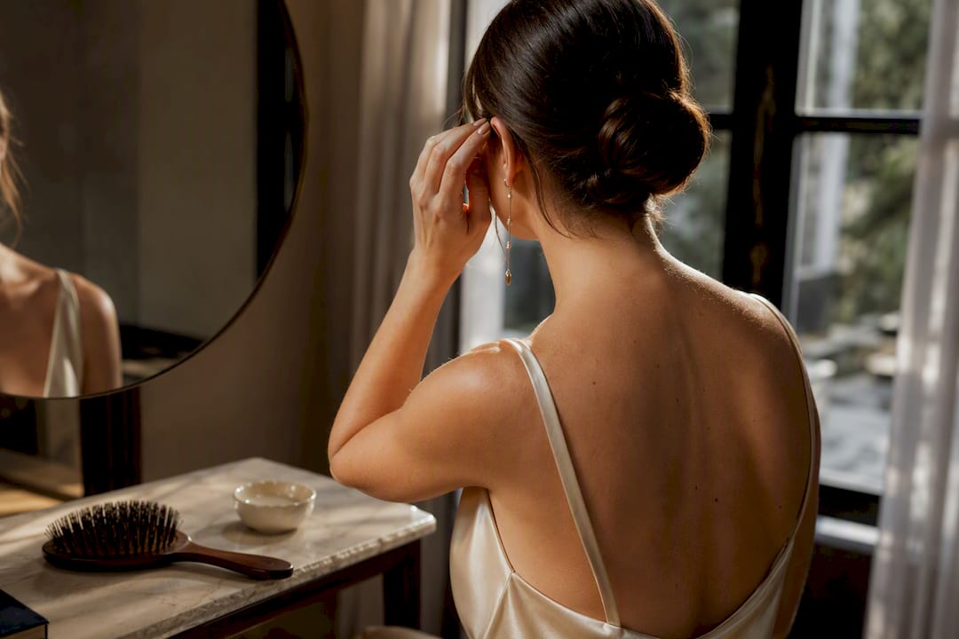 Model showing drop earring with sleek updo