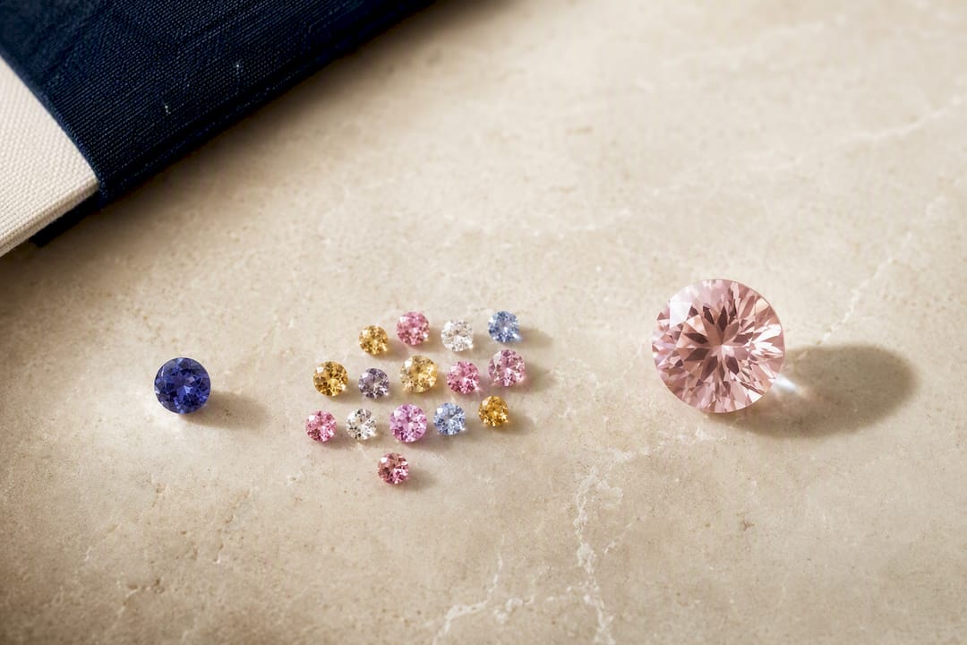 Colored gemstones arranged by size and density