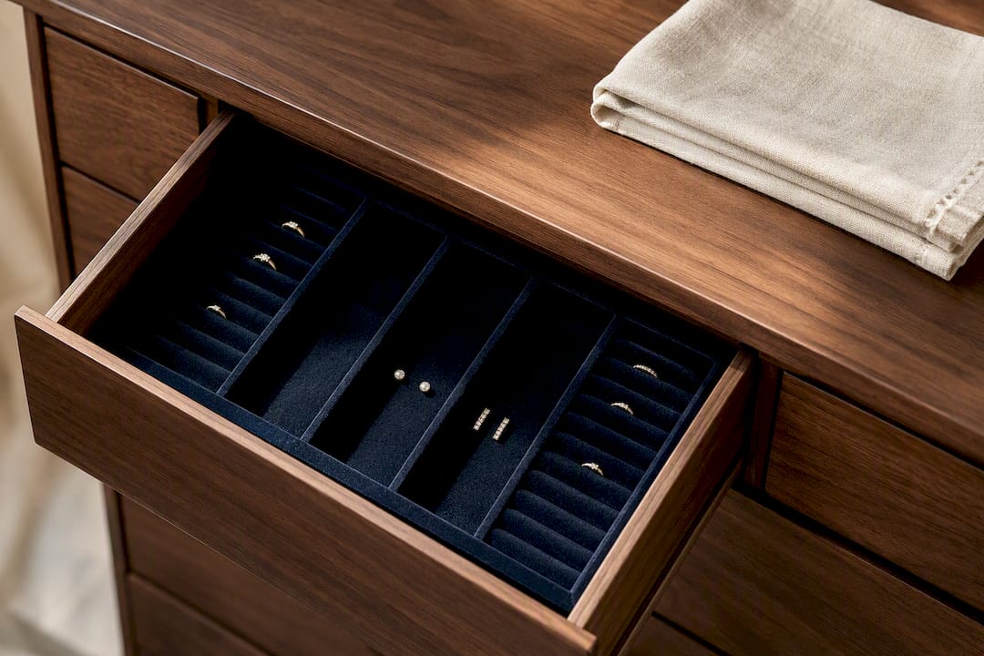 Velvet divider insert organizing jewelry drawer