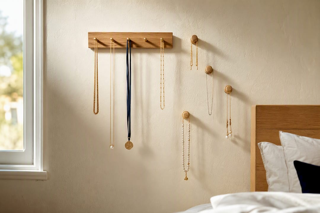 Necklaces arranged on staggered wall hooks