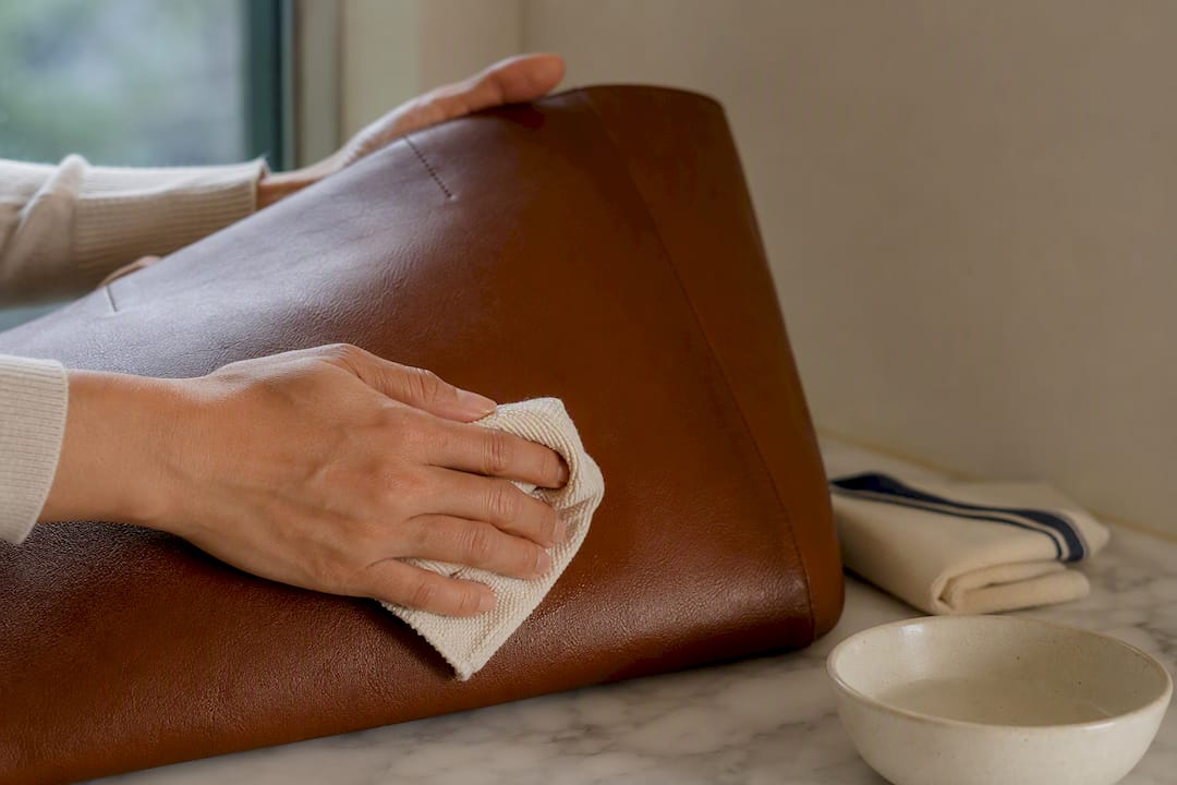 Hands wiping a leather tote clean
