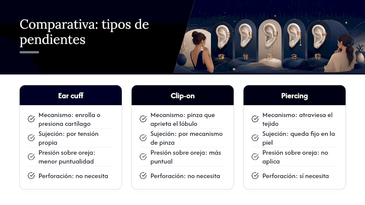 Comparativa entre ear cuff, pendientes de clip y piercings