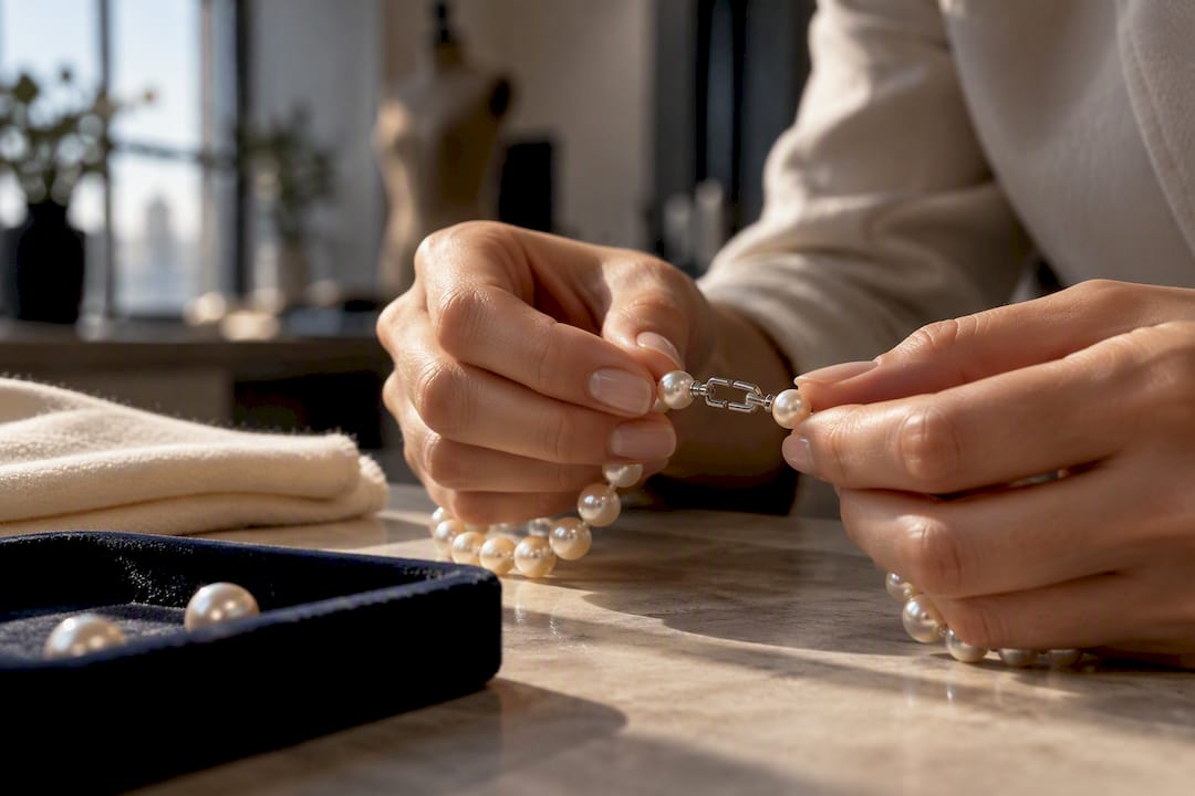 Hidden clasp converting pearl necklace length