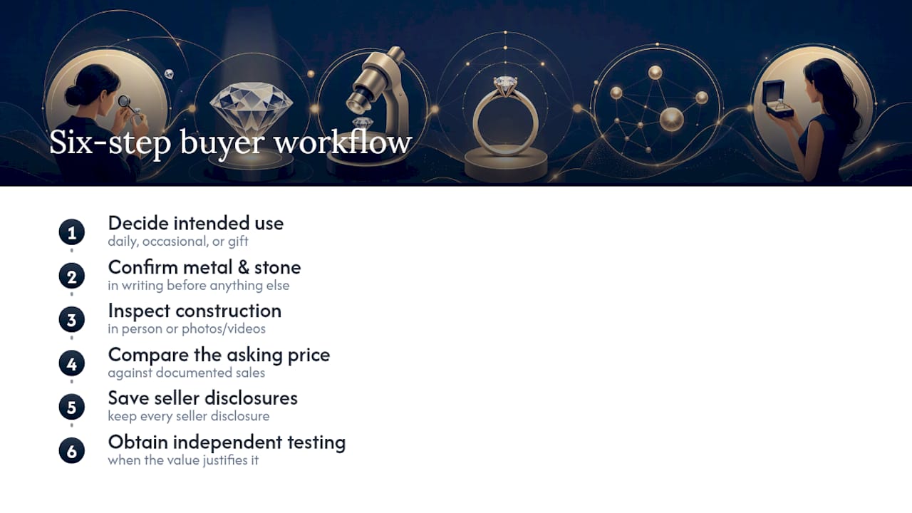 Six-step jewelry buying verification workflow