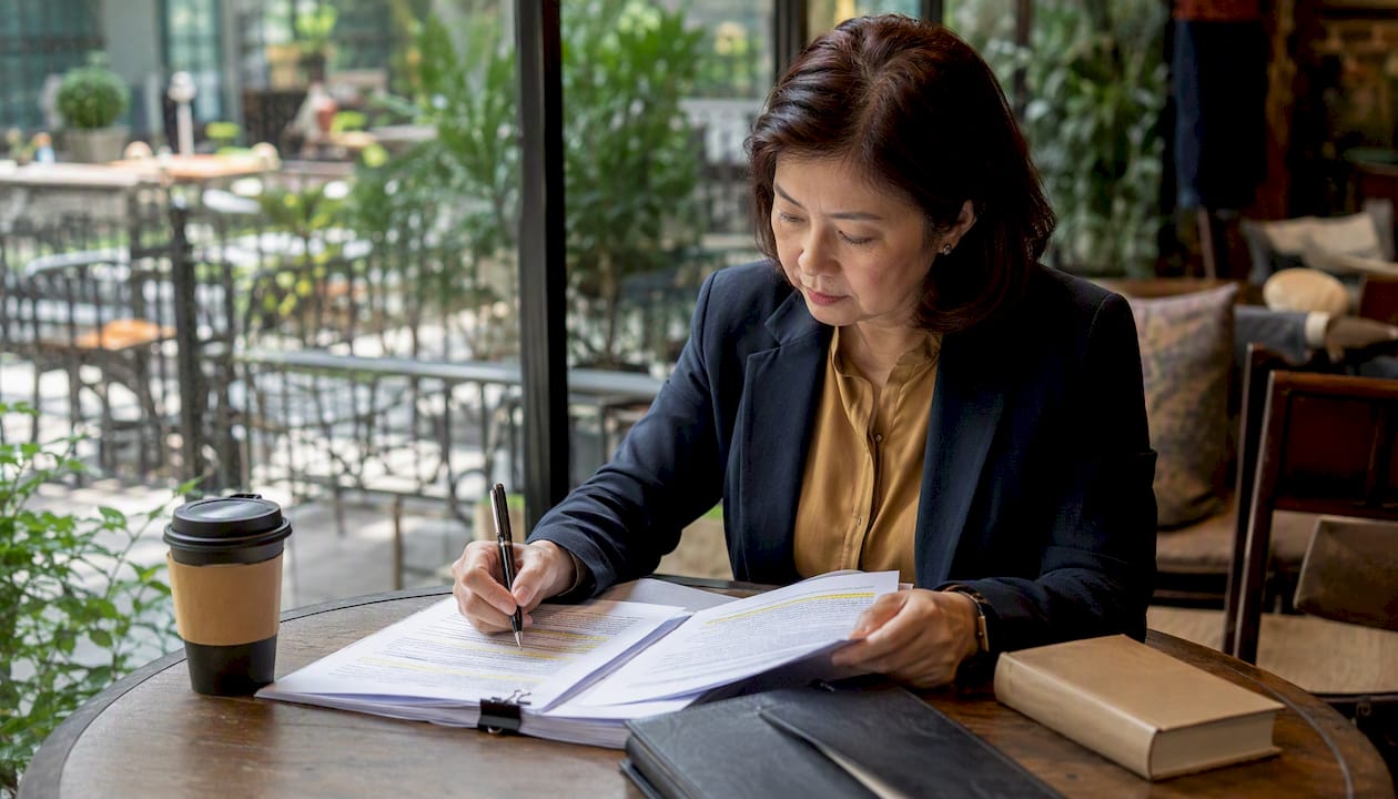 Woman reviewing living trust documents in office
