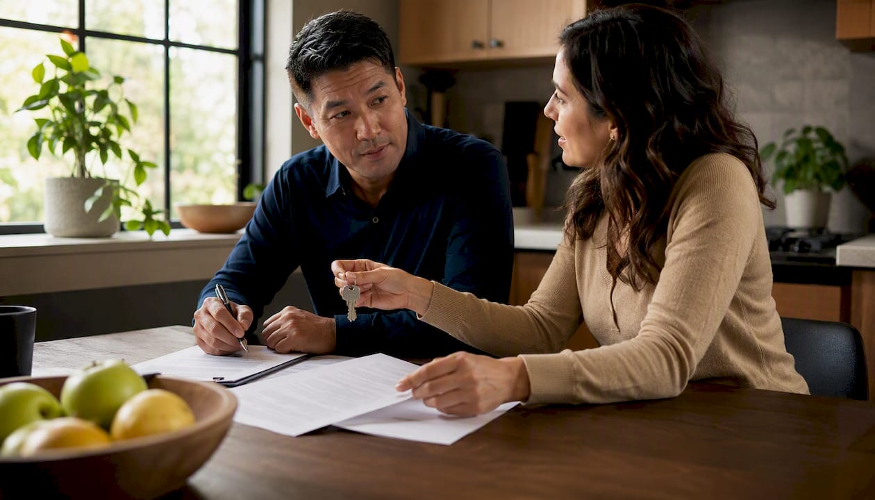 Hands signing trust deed exchanging keys