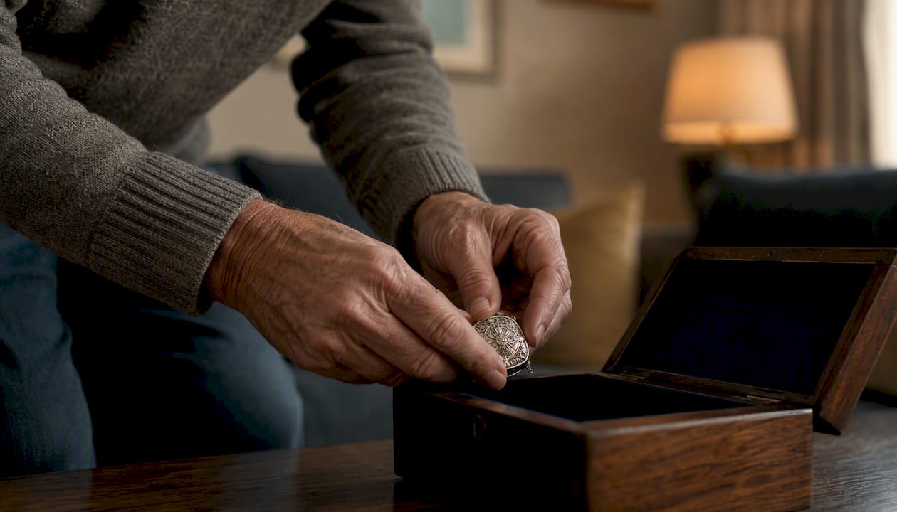 Hands placing heirloom in wooden box