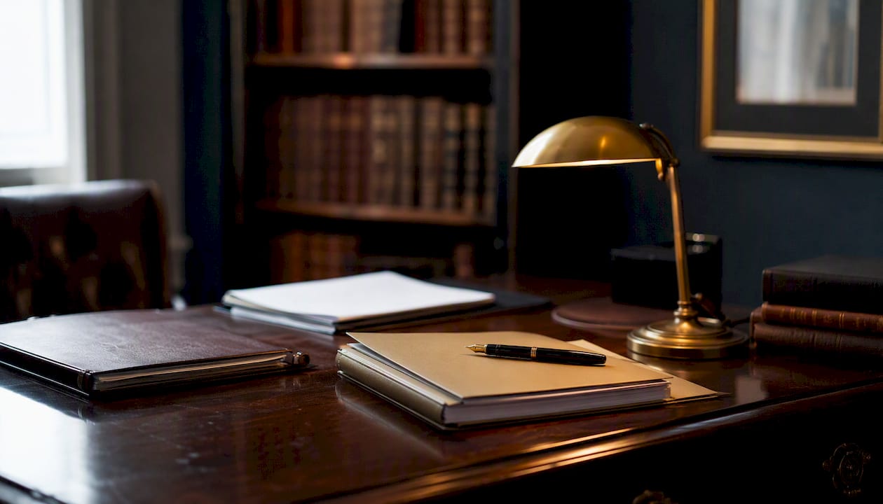 Legal documents and pen on wood desk
