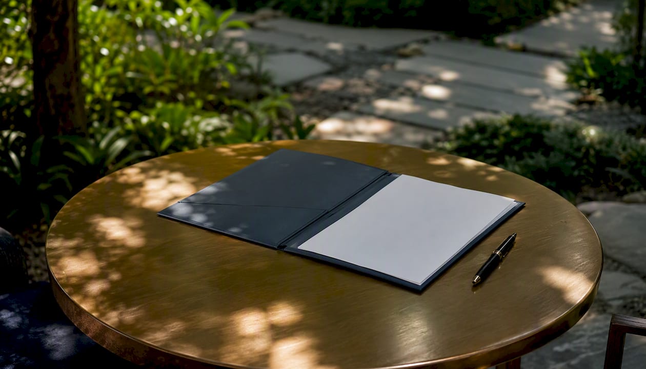Legal documents and pen on polished wood desk