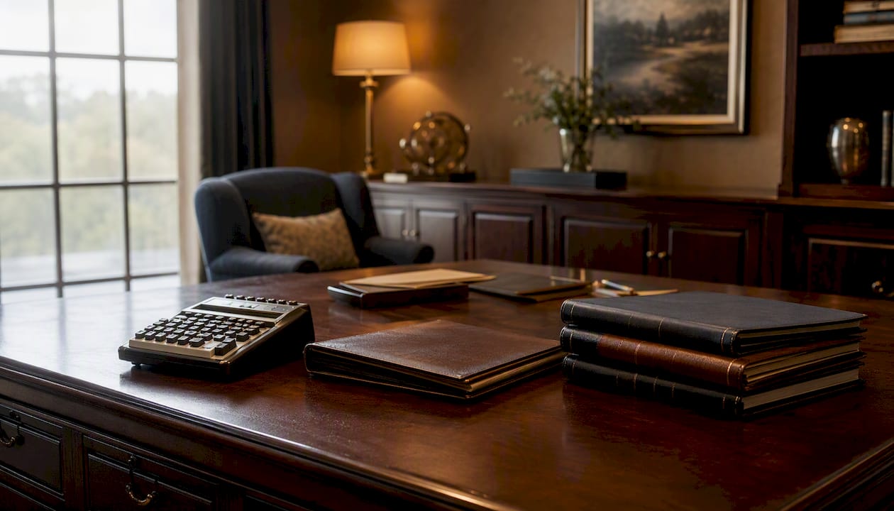 Financial calculator on wooden desk with binders