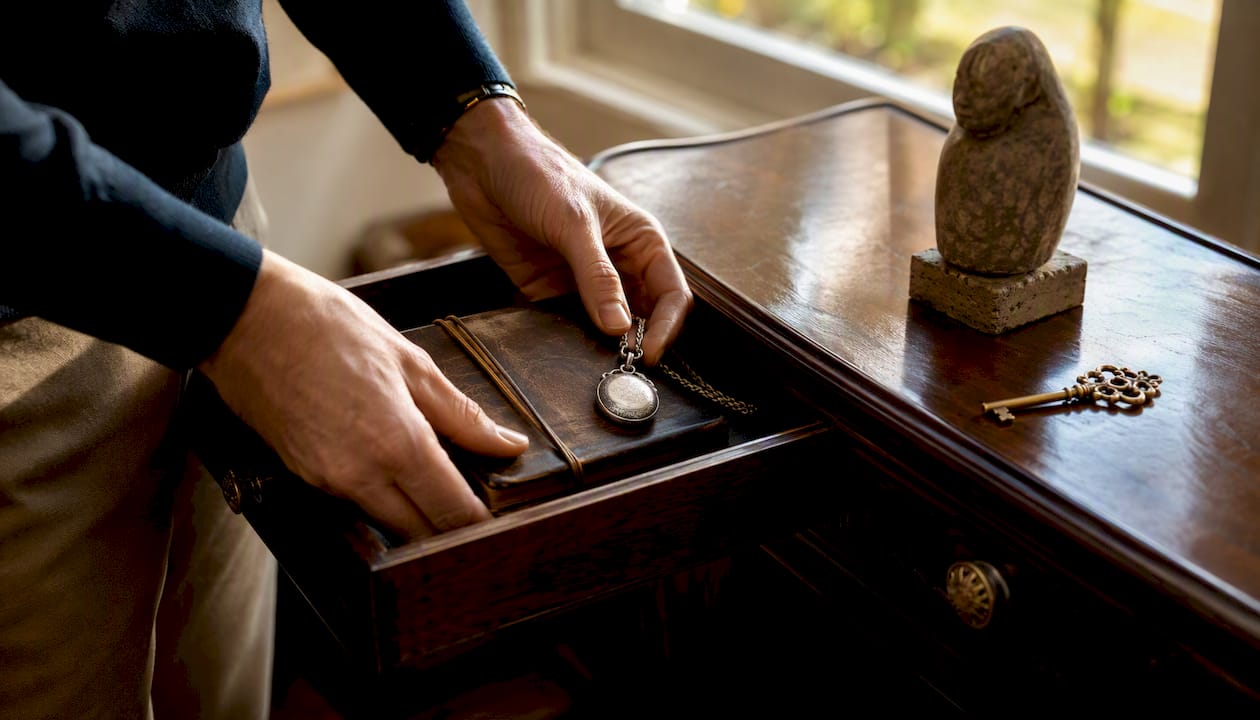 Hands placing heirlooms into secure wooden box