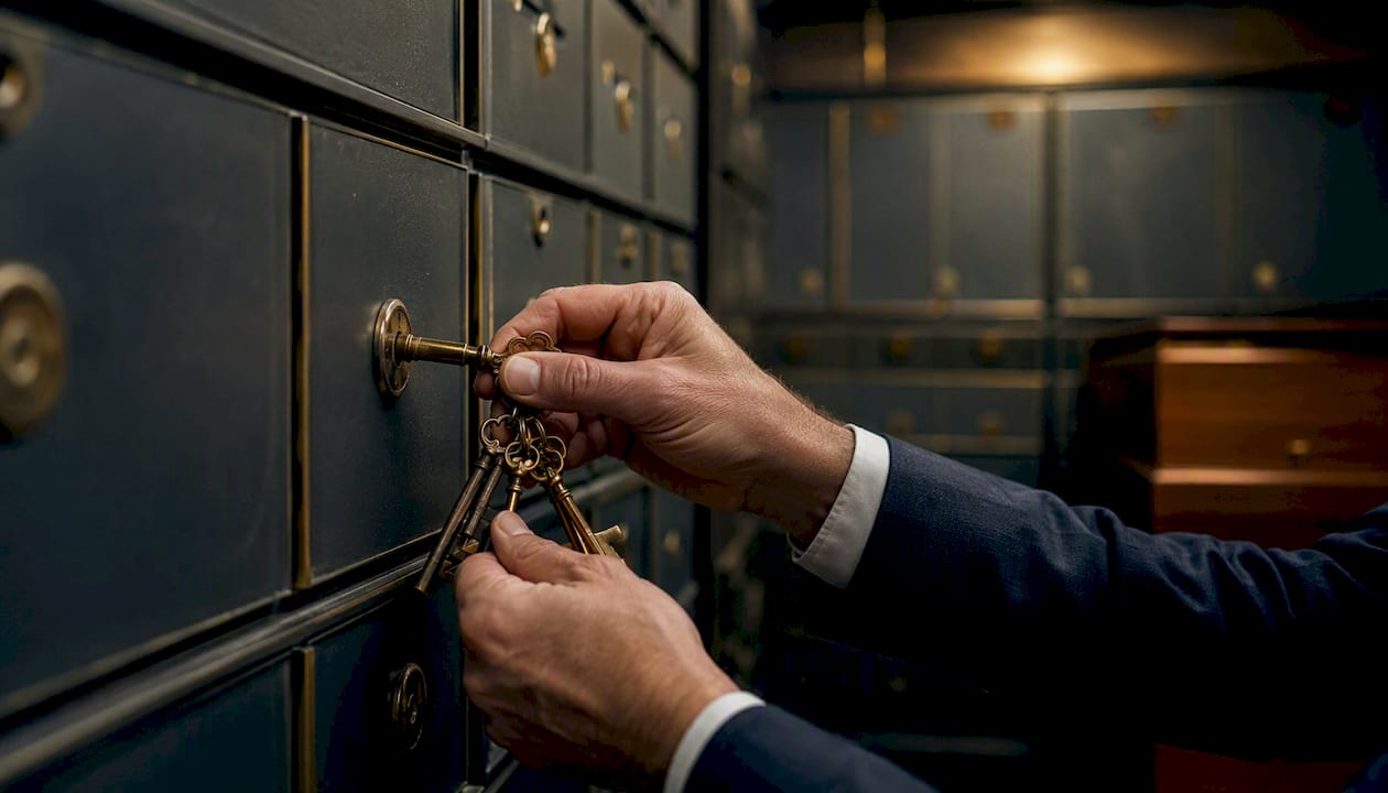 Hands unlocking safe deposit box with keys