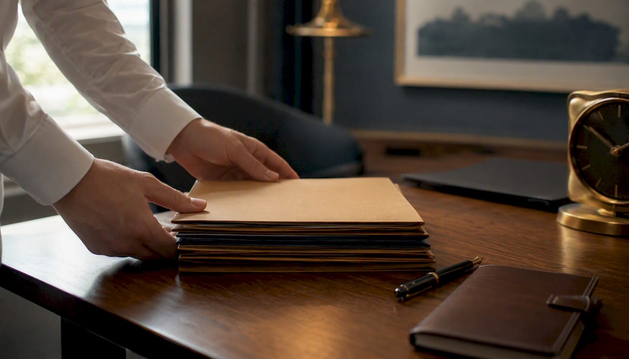 Hands arranging trust deed folders on table