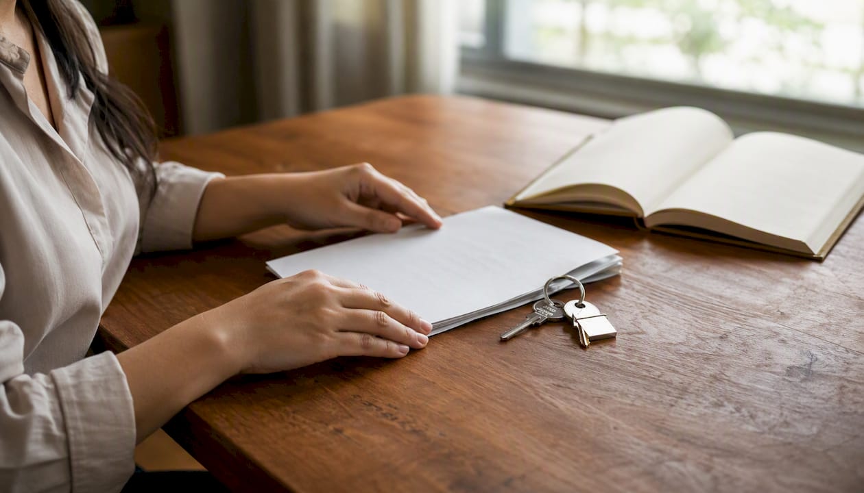Hands holding Singapore property title deed and keys