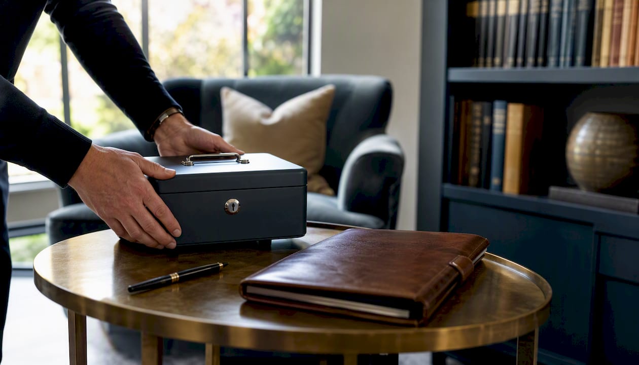 Hands placing secure asset box in office