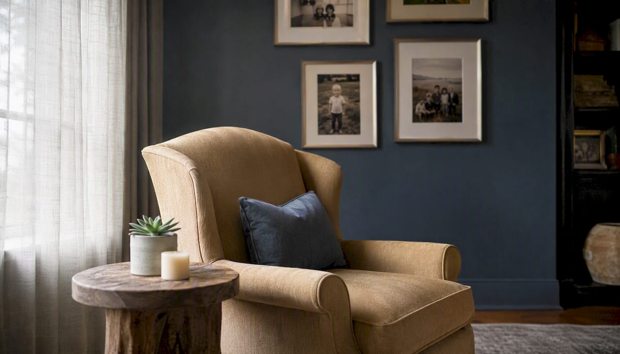 Quiet room with personal mementos and armchair