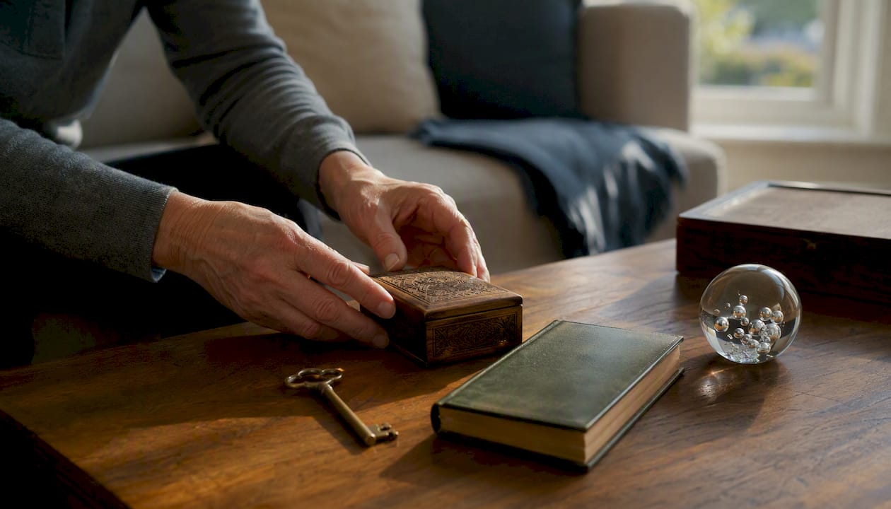Hands arranging estate-related items on desk