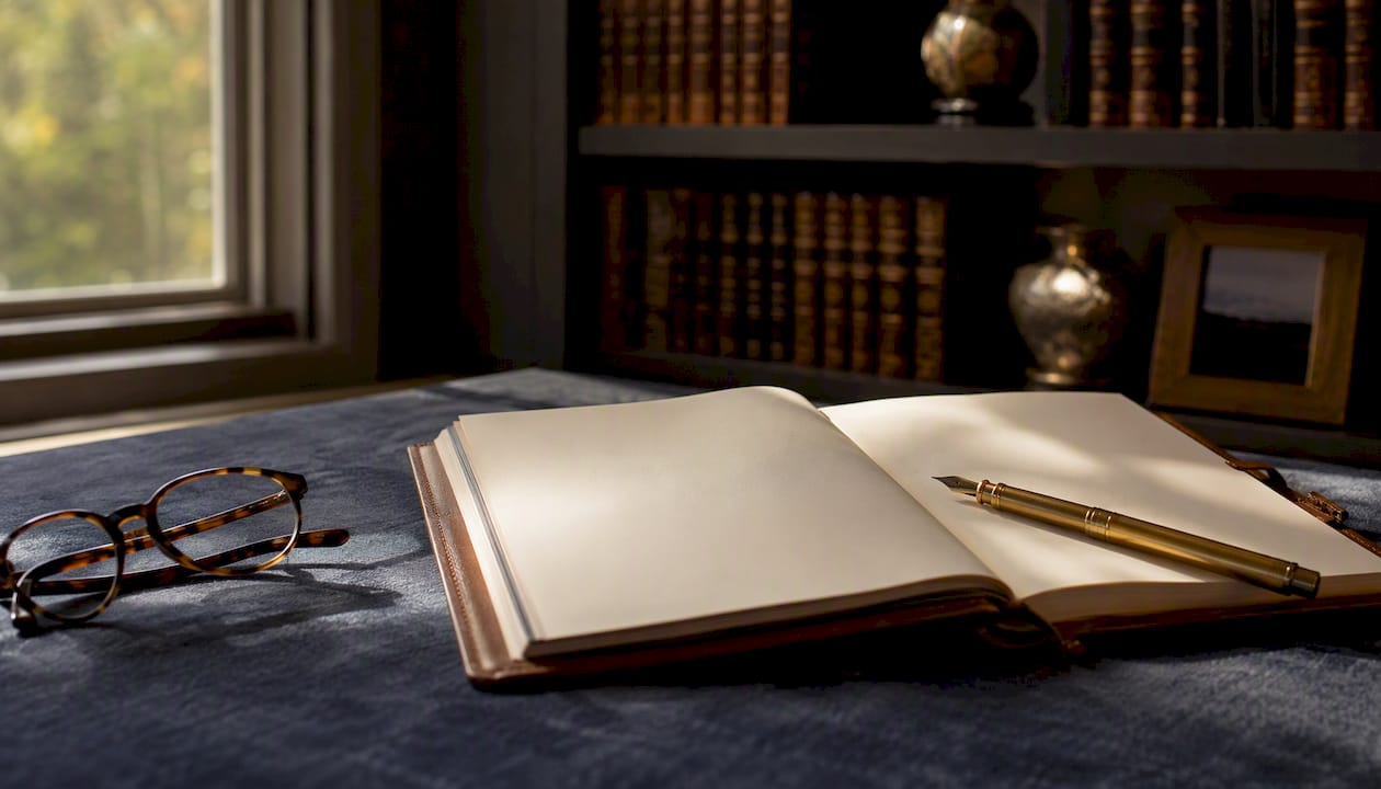Leather notebook and pen on desk for letter drafting