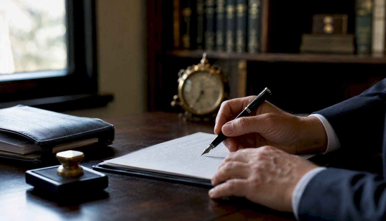 Hands signing legal deed with stamp pad