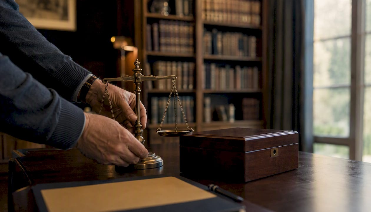 Hands holding key near heirlooms on table