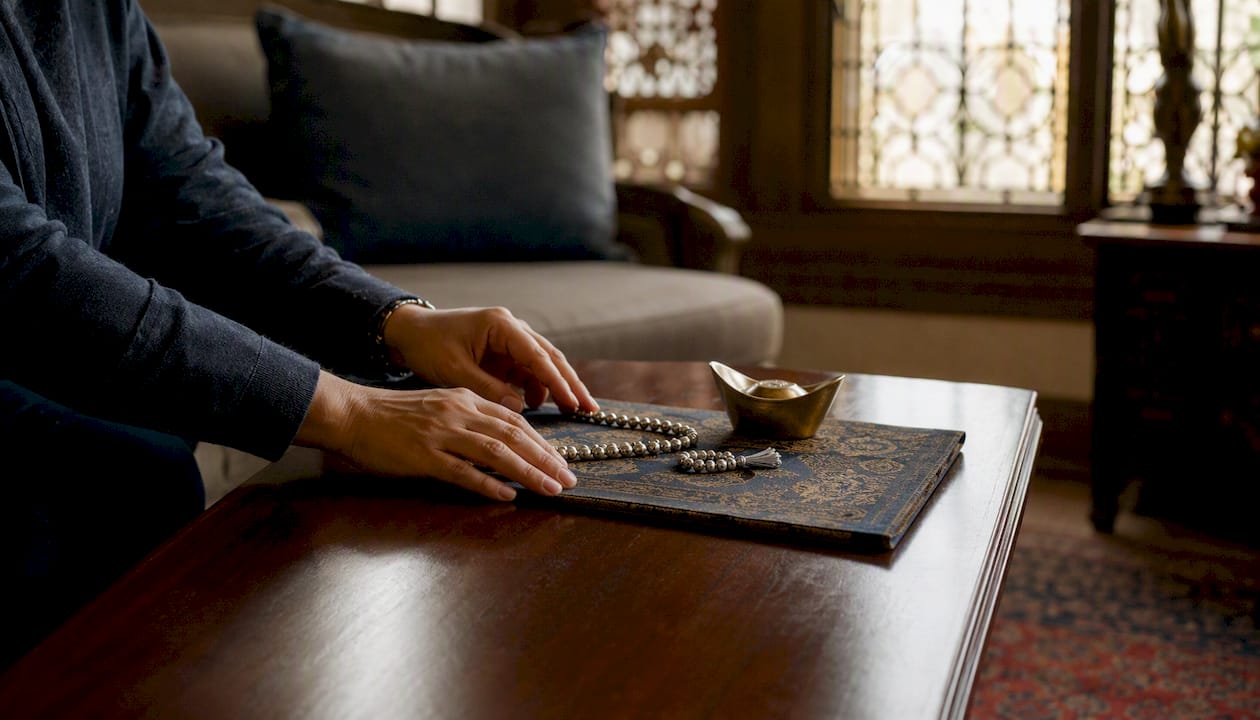 Hands placing Islamic ring and key on folder