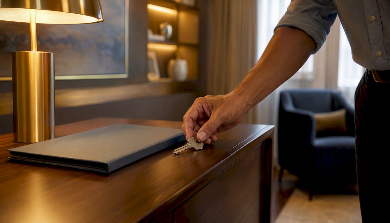 Hands placing key and folder on desk