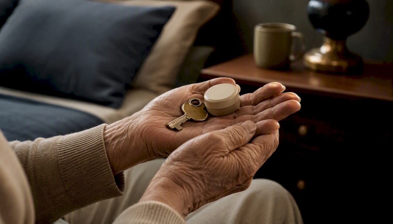 Elderly hands holding key and medication box
